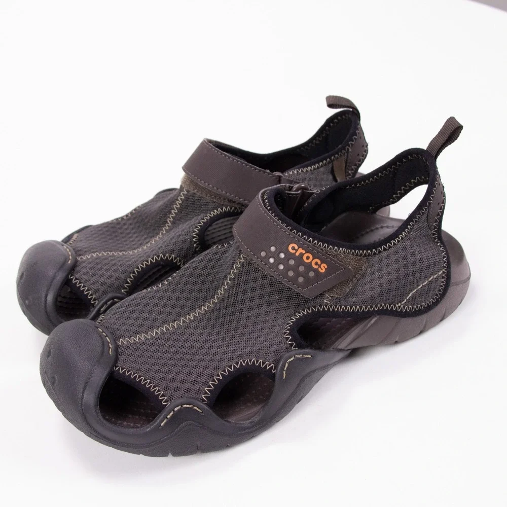 CROCS 15041‎ Men's Sz 8 Brown SwiftWater Mesh Fisherman Deck Sandals Water Shoes